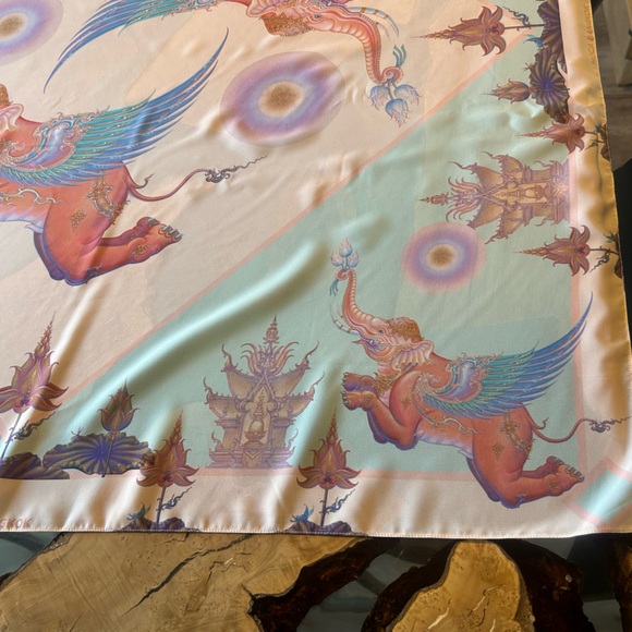 Limited Edition Moca Bangkok Heavenly Elephant Silk Scarf Thailand Lotus Pink - Picture 9 of 11